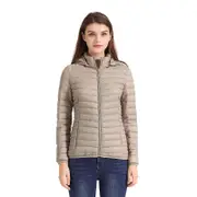 Nevenka Womens Short Down Jacket Stand Collar Lightweight Removable Cap-Beige