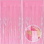 2 Pack Pink Tinsel Curtain Foil Fringe Decorations - Birthday & Graduation Party Theme Photo Booth Streamer Backdrop