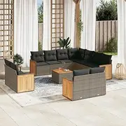 12 Piece Grey Poly Rattan Garden Sofa Set with Cushions – Outdoor Patio Furniture with Storage & Modular Design - Acacia Wood Tabletop Included, 110 kg Capacity - Perfect for Patio, Garden
