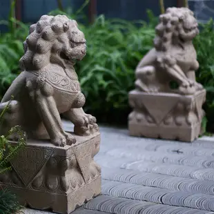 新中式石獅子一對看門招財鎮宅擺件庭院造景花園佈置門墩石鵰裝飾宜美居傢生活