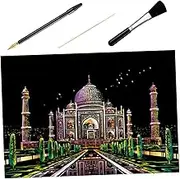 1 Set DIY Scratch Painting Taj Mahal Picture Scratch Papers with Bamboo Rod Pen Brush Creative Art Supplies for Home and School