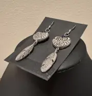 Native American 2.75” Dangle Earrings Silver Heart & Feather Double Sided Design