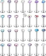 [Adramata] 28Pcs Nose Studs Surgical Steel Nose Piercing Threadless Labret Piercing Jewellery Lip Bars CZ Opal Medusa Monroe Piercing Flat Back Earrings Studs Conch Tragus Helix Piercing Jewellery