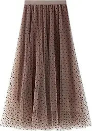 [Jdlsppl] Women's Pleated Tulle Skirt Tutu Mesh Swing Dress Fall Flowy High Waist Casual Spring Flare Dress