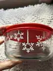 Pyrex 4 Cup Decorated Glass Storage Bowl - Snowflake Ornaments w/ Red Lid