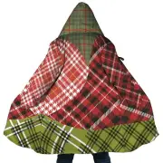 Personalized Hooded Cloak Coat, Red Green Christmas Plaid Color Block Cloak Coat