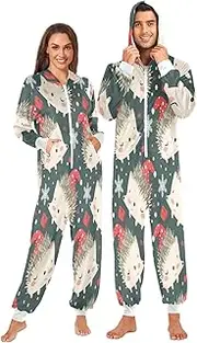 [ZZXXB] Hedgehog with Xmas Hat Onesie Pajamas for Adult Women Men Long Sleeves One Piece Onesies Hooded Sleepwear S - XL