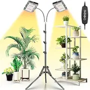 Grow Light with Stand, Dual Heads Full Spectrum 300W LED Floor Plant Light, Auto On/Off Timer, 10 Dimmable Levels, 3 Switch Modes, Adjustable Tripod Stand 40-160 cm