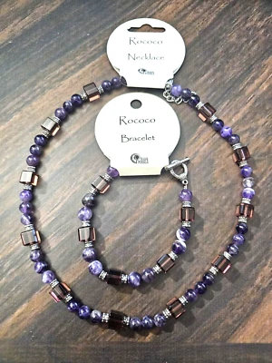 British Fossils Rococo Necklace & Bracelet Set Natural Gemstones Amethyst
