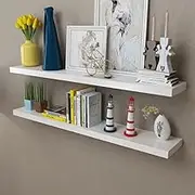 Set of 2 White MDF Floating Wall Shelves for Storage, Ideal for displaying Books, DVDs, and Collectibles in Any Living Area or Bedroom, Easy Mounted Installation.