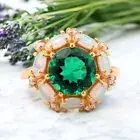14k Yellow Gold 6 MM Round Cut Natural Green Emerald Opal Floral Wedding Ring