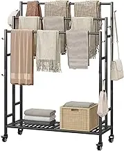 SORCEDAS Towel Rack 3 Tier Free Standing Metal Towel Stand with Storage Shelf and Wheel for Extra Large Towel Blanket Drying (Black)