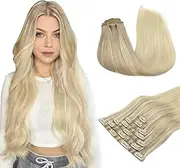 MAXITA Clip-In Real Hair Extensions, 35 cm, 110 g, 7 Pieces, Ash Blonde to Golden Blonde and Platinum Blonde, PU Clip-In Extensions, Natural Hair Extensions, Seamless Real Hair Extensions, Seamless Clip in Extensions