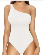MANGOPOP Women's Medium One Shoulder Off Sleeveless Bodysuit - White NEW NWT