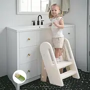 hoopyosms Toddler Step Stool for Bathroom Sink Kids Foldable Toilet Potty Training Stool Adjustable 3 to 2 Stool with Handrail Baby Kitchen Stool Children Step Ladder with Non-Slip Pads, Khaki