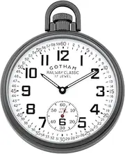 [Gotham] Men's Gun-Plated Stainless Steel Mechanical Hand Wind Railroad Style Pocket Watch # GWC14108B