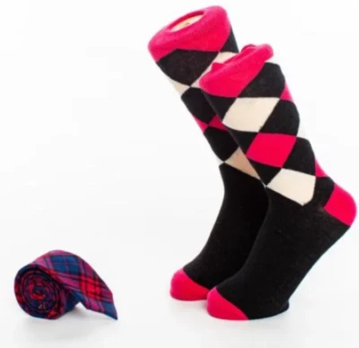 Matching Tie and Sock combo set black and red argyle style