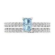 1.4ct Emerald Round Cut Pave Swiss Topaz Promise Bridal Ring set 14k White Gold