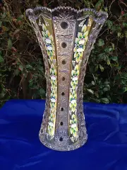 VINTAGE BOHEMIA 18K GOLD ENAMEL QUEEN LACE CUT 24% CRYSTAL VASE 14" MINT NIB