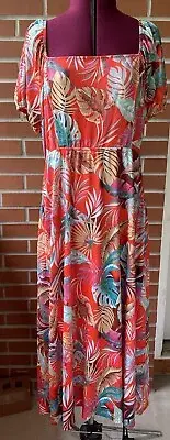 Suzanne Betro Size 2X Orange Tropical Cutout-Back Pocket Square Neck Midi Dress