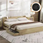 Oikiture Wooden Bed Frame King Size with Charging Ports & 2 Drawers