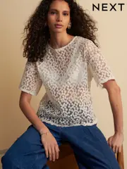 White Boxy Floral Mesh Short Sleeve Top (AH9484) | $49