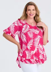 [TS] Taking Shape Salsa Ruffle Luna Top Size 16 in Pink Palm Print - Plus Size Women's Clothing Pink Palm Print