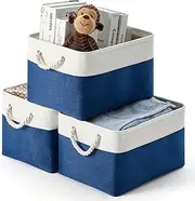 DUHEL Storage Bins 3 Pack, Fabric Storage Basket for Collapsible Large Canvas Storage Baskets for Organizing Shelf Nursery Home Closet . (White&Blue-3PCS)