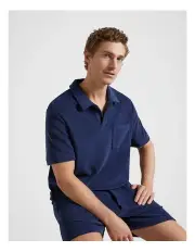[Fine Day] Terry Toweling Short Sleeve Polo Shirt in Navy