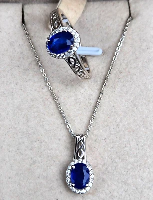 Blue Spinel / Zircon Halo Ring & Pendant Set 20 In. Platinum Over Sterling Sz 8