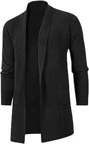 [Generic] Men Long Open Front Cardigan Sweater Shawl Collar Knitted Cardigan with Pockets Shawl Collar Open Front Knit Sweater