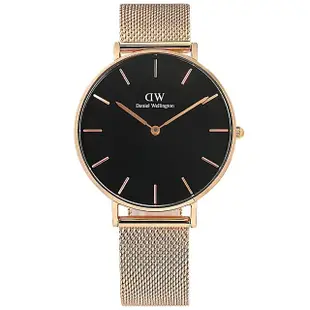 【Daniel Wellington】Petite Ashfield 經典米蘭編織不鏽鋼手錶 黑x鍍玫瑰金 36mm(DW00100303)