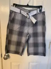 New Epic Threads Shorts, Boys, Grey Plaid, 4 Pockets White Belt, Size 16 NWT