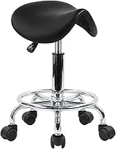 KKTONER Saddle Stool with Foot Rest PU Leather Swivel Adjustable Rolling Stool with Wheels Facial Salon Chair