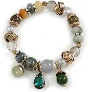 [Avalaya] Trendy Glass and Semiprecious Bead, Gold Tone Metal Rings Flex Bracelet (Green, Grey, Olive) - 18cm L, One Size, Glass