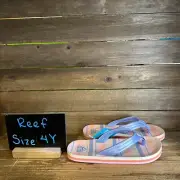 New NWT Kids Childrens Reef Ahi Blue Striped Thong Sandals Flip Flops Size 4 Y