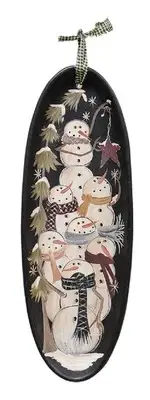 Country Stacked Snowmen Oval Tray Primitive Christmas/Winter Wood NEW