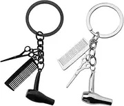 [EMSea] 2Pcs Hairdresser Hair Dryer Scissors Comb Charm Pendant Keyrings Keychains 3 In 1 Design Silver & Black for Hair Stylist Salon Owner Gift
