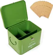 Steel Seed Packet Storage Box Organizer in Green. Robust Seed Package Container for Seeds and Bulbs Complete with 10 Seed Envelopes