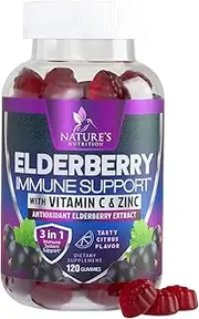 Immune Support Gummies with Elderberry, Vitamin C & Zinc, Natural Immunity Booster & Adult Immune System Supplement - Tasty Natural Fruit Flavor, by Nature's Nutrition - 120 Gummies