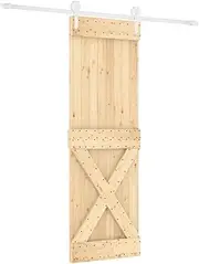 vidaXL Solid Pine Wood Sliding Barn Door with Powder-Coated Steel Hardware Set - Rustic Brown for Modern Home, Space-Saving 80x210cm