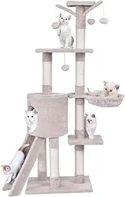 Costway 140 CM Cat Tree Kitten Tower with Scratching Post and Ladder Kitten Condo Pet Furniture Play House Cat Activity Tower