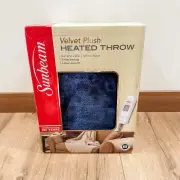 Sunbeam Gray/Blue Heated Plush Throw 50" x 60" 3 Settings 3 Hour Auto Off