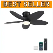 42" Flush Mount Palm Leaf Ceiling Fan: Indoor/Outdoor with LED Light Control