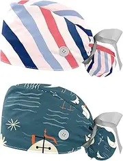[YTYVAGT] 2-Pc,Nurse Scrub Caps,Scrub Hats with Buttons and Cotton Sweatband,Blue and Red Stripes