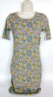 LuLaroe Womens Julia Bodycon Dress XXS Boat Neck Geometric Gold Purple Blue Pink