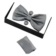Mens Silver Checkered Matching Bow Tie, Pocket Square & Cuff Links Set
