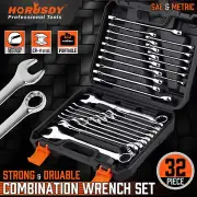 32Pc Combination Spanner Set Wrench SAE & Metric Open Ring End with Storage Case