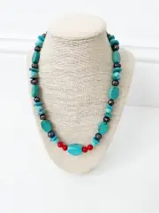 NWT Genuine Turquoise, Red Turquiose & Black Pearls Necklace Beaded