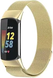 Compatible with Fitbit Charge 5 Bands, Magnetic Metal Stainless Steel Wristbands Replacement Straps for Charge 5 Fitness & Health Tracker Women Men(Gold)